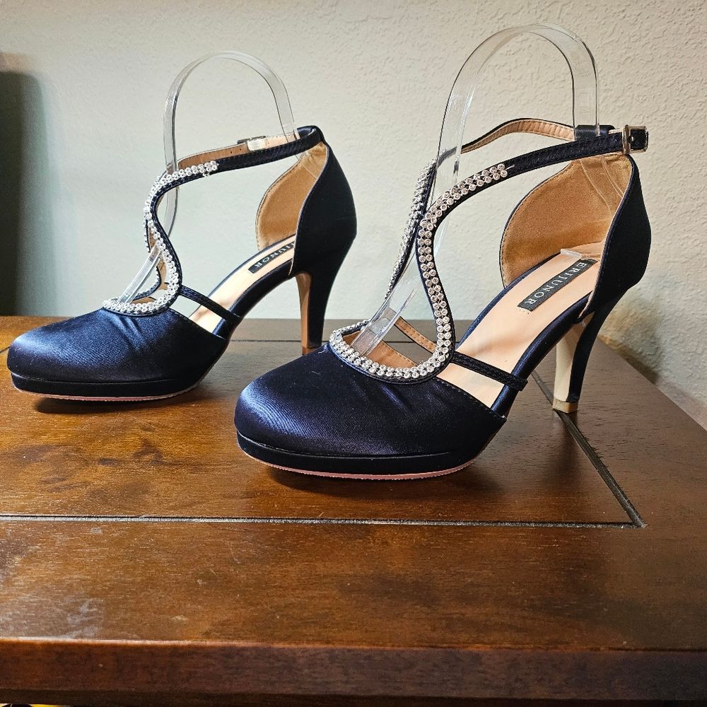 ERIJUNOR Womens Low Heel Rhinestone Ankle Strap Satin Bridal Pumps Shoes Navy Si
